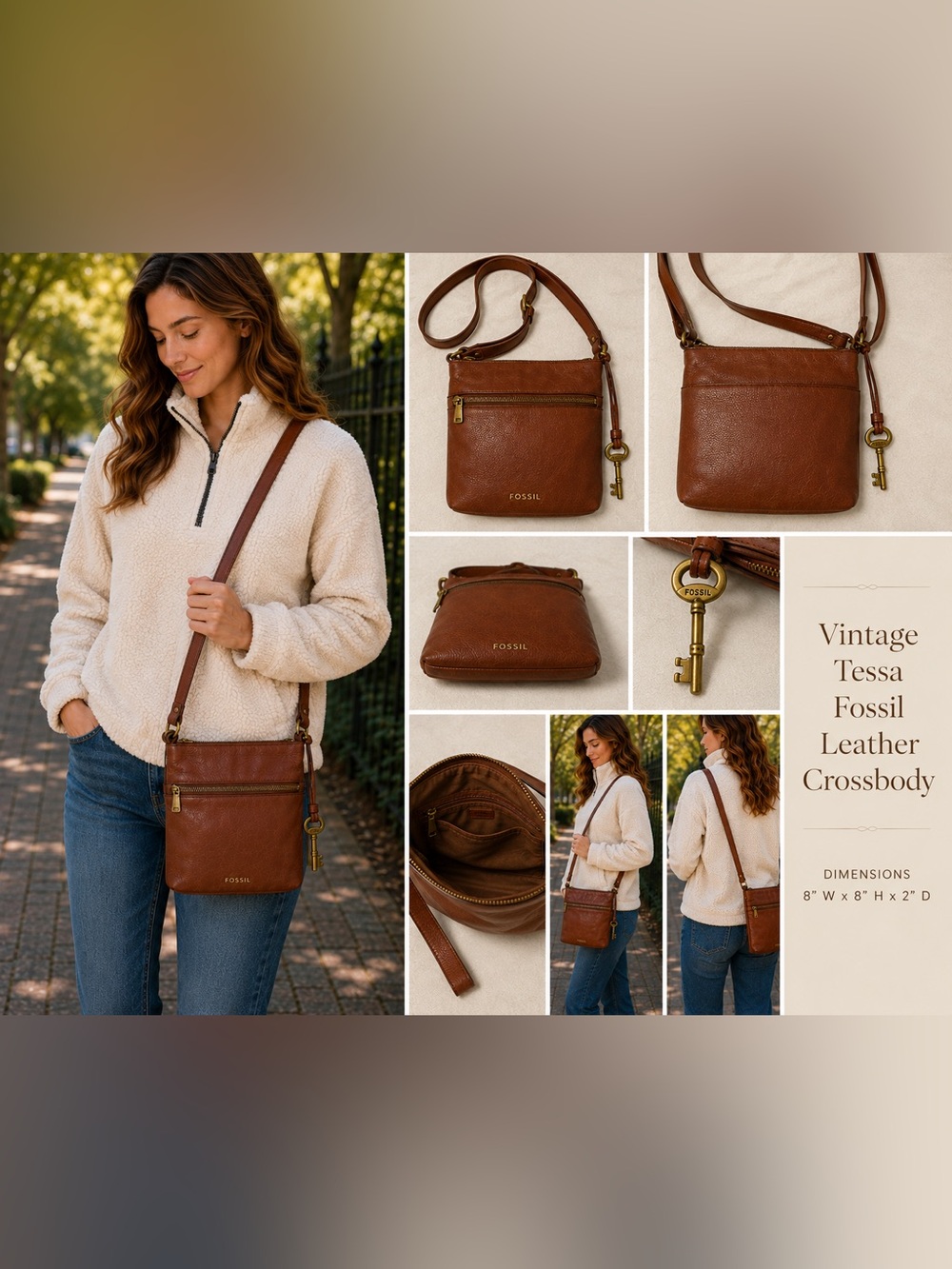 Fossil Tessa Brown Leather Crossbody Bag Vintage Zip Pocket Adjustable Strap Key